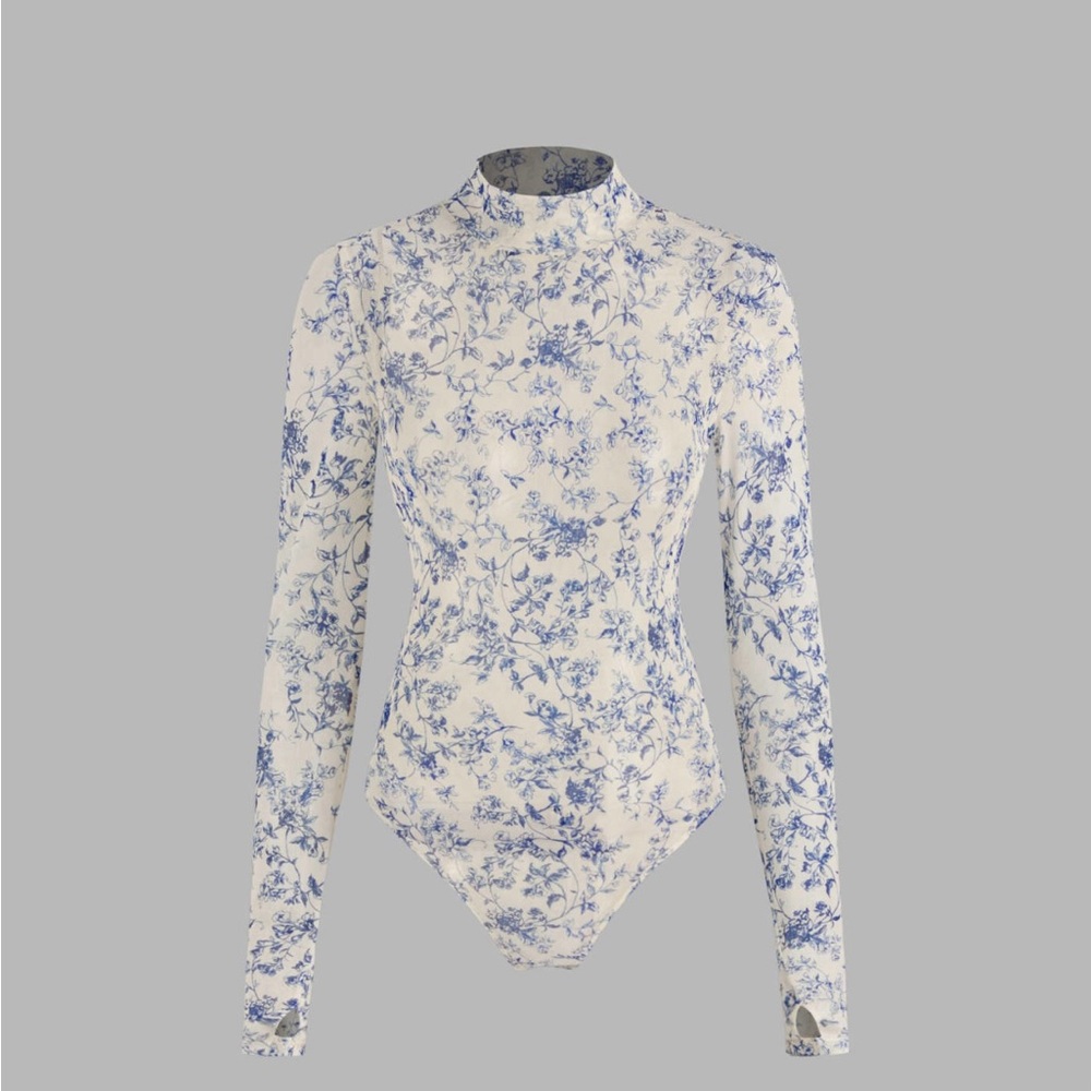 High Neck Floral See-through Long Sleeve Bodysuit